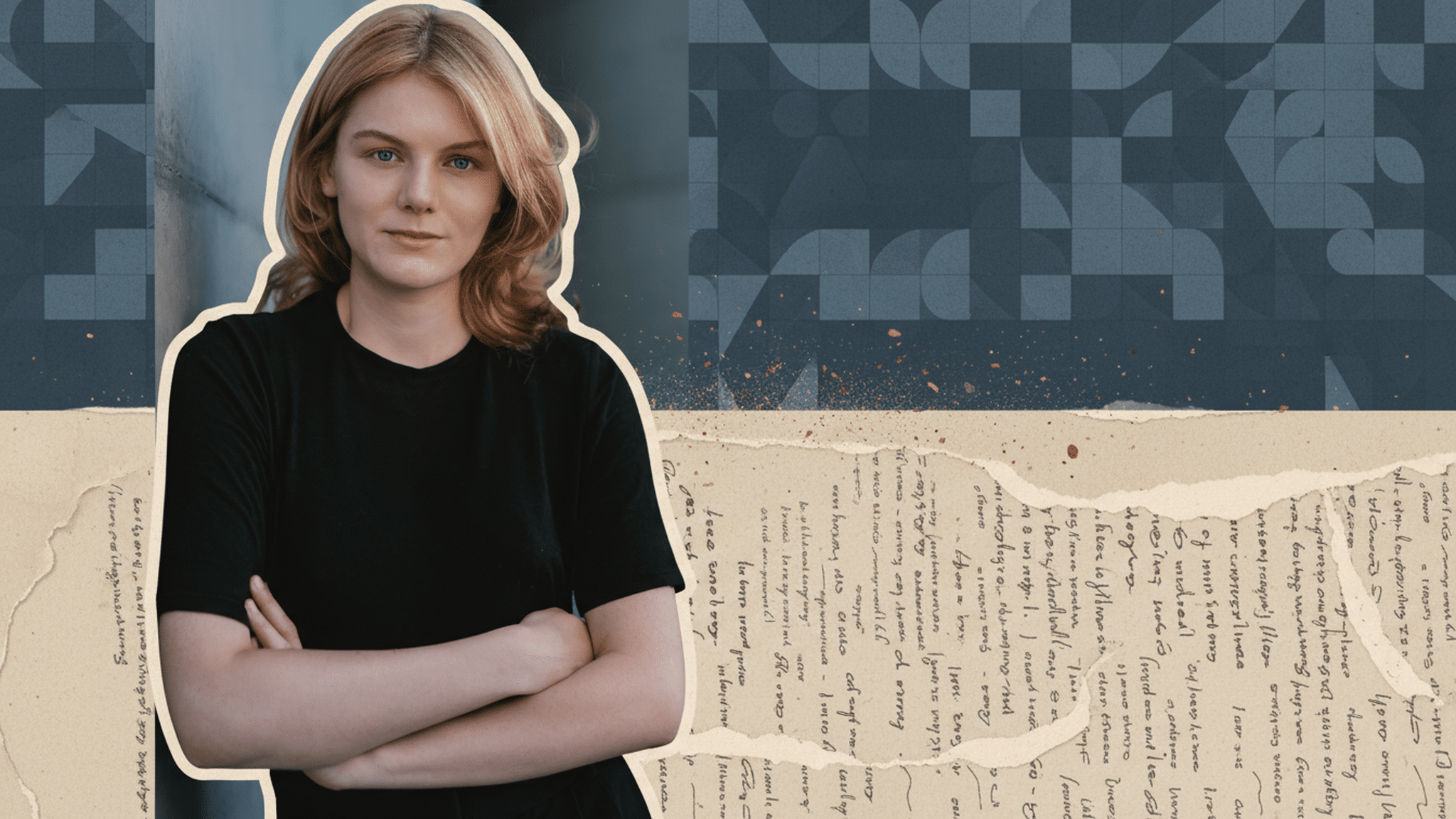 Porträt einer jungen Frau mit verschränkten Armen, vor einem grafischen Hintergrund aus Mustern und Texturen.