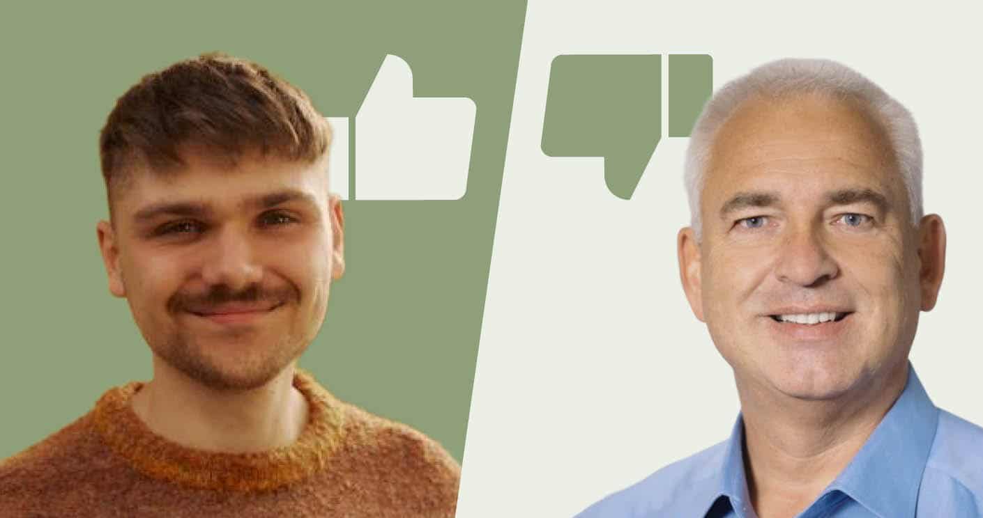 Zwei Männer lächeln in die Kamera, einer mit Daumen hoch, der andere mit Daumen runter, vor einem zweifarbigen Hintergrund.