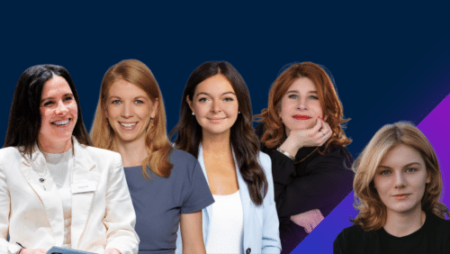 Fünf Frauenporträts auf einem blauen Hintergrund, einige lächeln, andere schauen nachdenklich.