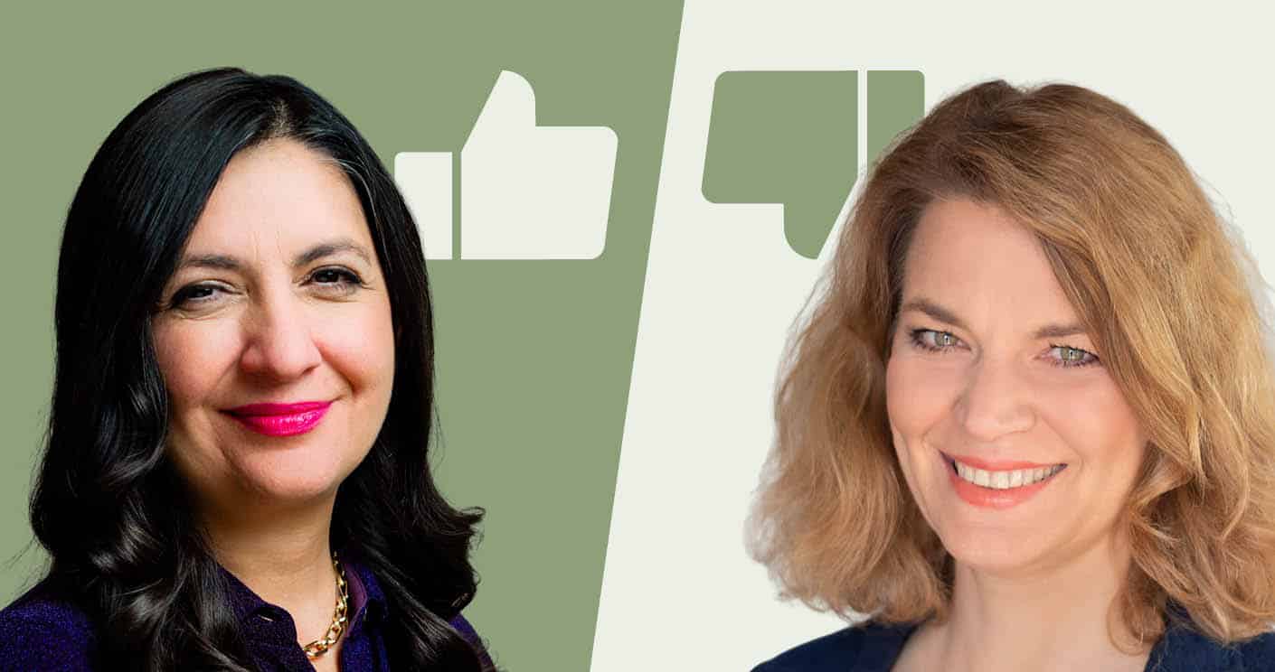 Zwei Frauenporträts mit Daumen-hoch- und Daumen-runter-Symbolen im Hintergrund, geteilt durch eine vertikale Linie.