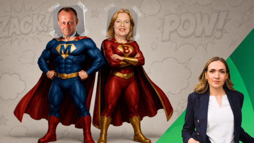 Two adults in blue and red superhero costumes stand with a businesswoman against a comic‑book style backdrop.