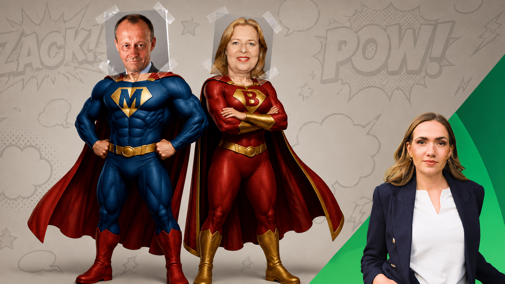 Two adults in blue and red superhero costumes stand with a businesswoman against a comic‑book style backdrop.