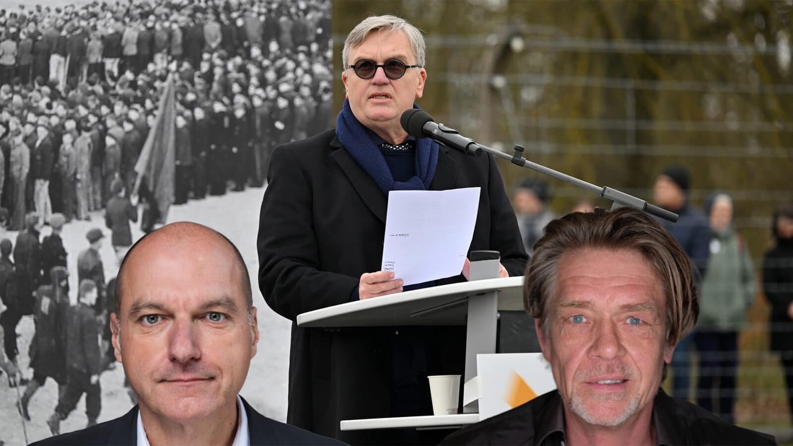 Hape Kerkeling als Enkel eines ehemaligen Häftlings hält eine Ansprache beim Festakt zum 81. Jahrestag der Befreiung des Konzentrationslagers Buchenwald. Foto: picture alliance/dpa | Martin Schutt.