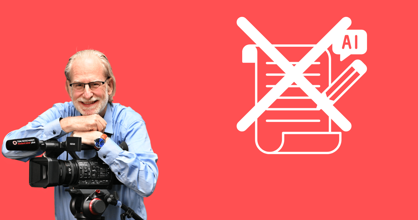 Wichtige Reden sollten nicht von KI geschrieben werden, sagt Medientrainer Tom Buschardt. Foto: Lars Buschardt; Collage: Quadriga Media
