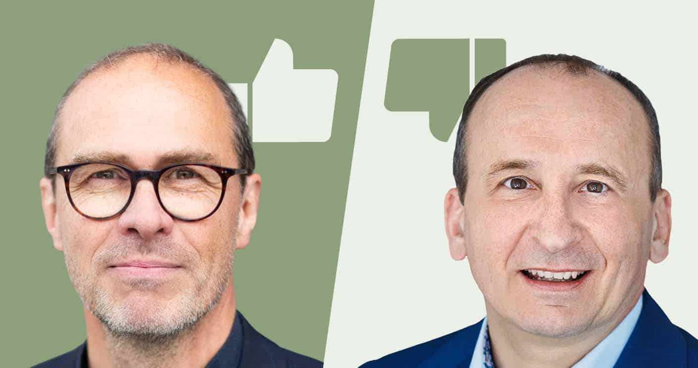 Two smiling men in business attire posed side by side on a split green and pale background, as a banner image.