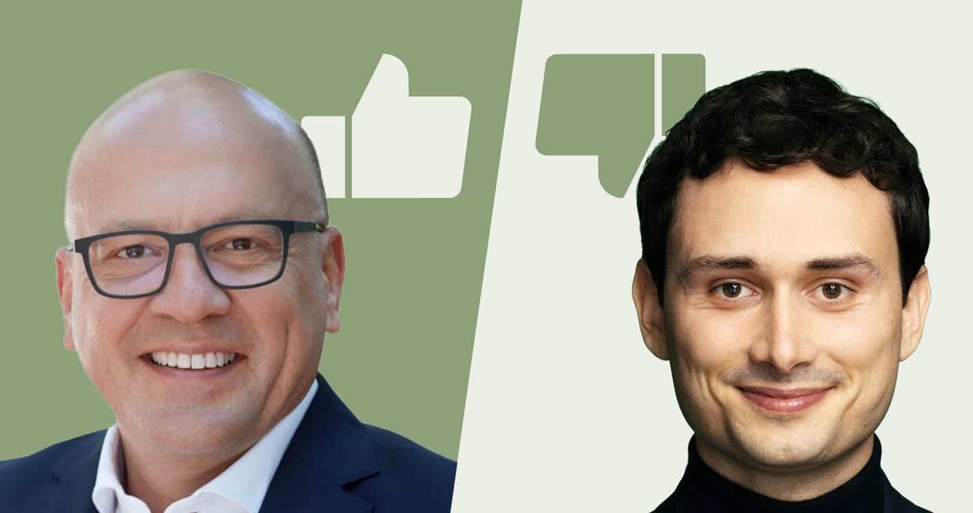 Two smiling men in a split-background banner, one on the left wearing glasses and a suit, the other on the right wearing a dark top, facing forward.