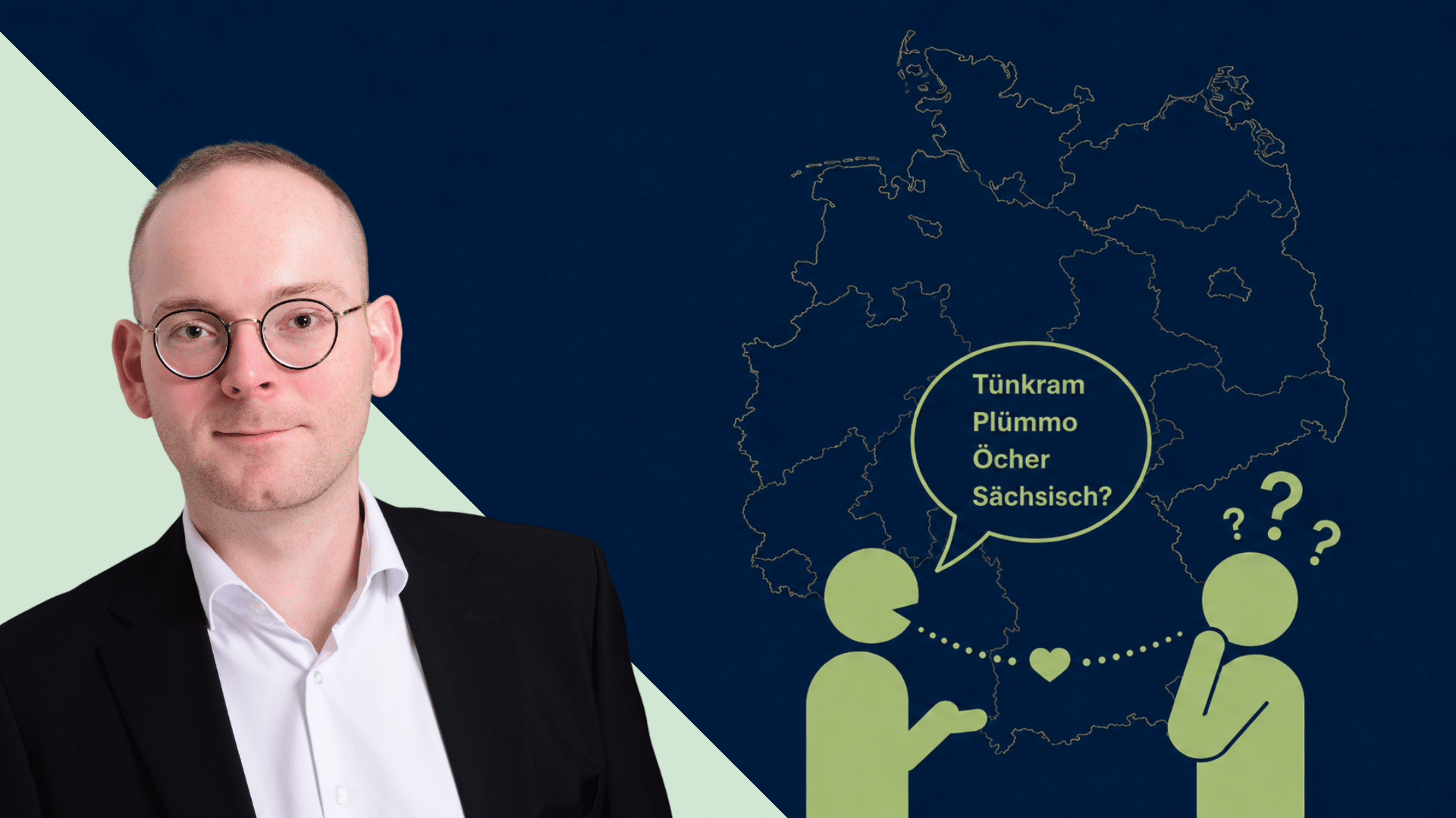 Mann im Anzug spricht mit einer anderen Person vor einer Deutschlandkarte, die Dialekte thematisiert.