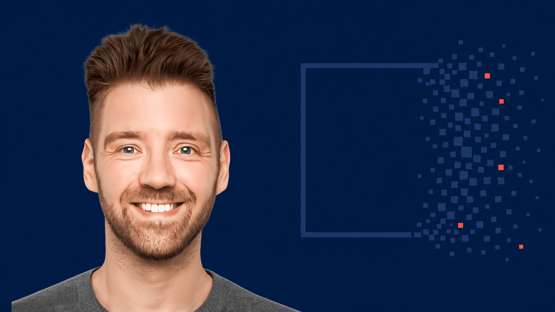 Lächelnder Mann mit braunem Haar vor einem blauen Hintergrund mit grafischen Elementen auf der rechten Seite.