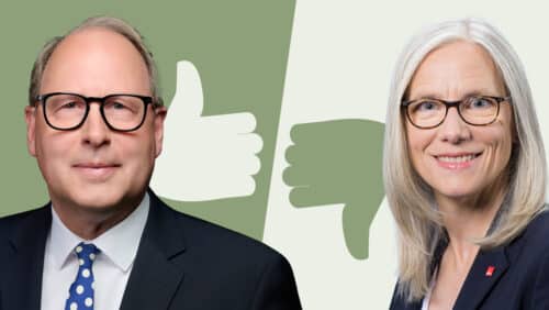Mann und Frau mit Brillen, getrennt durch Daumen-hoch und Daumen-runter Symbole auf grün-weißer Hintergrund.