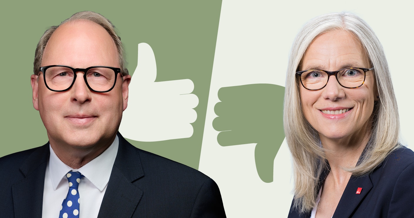 Mann und Frau mit Brillen, getrennt durch Daumen-hoch und Daumen-runter Symbole auf grün-weißer Hintergrund.