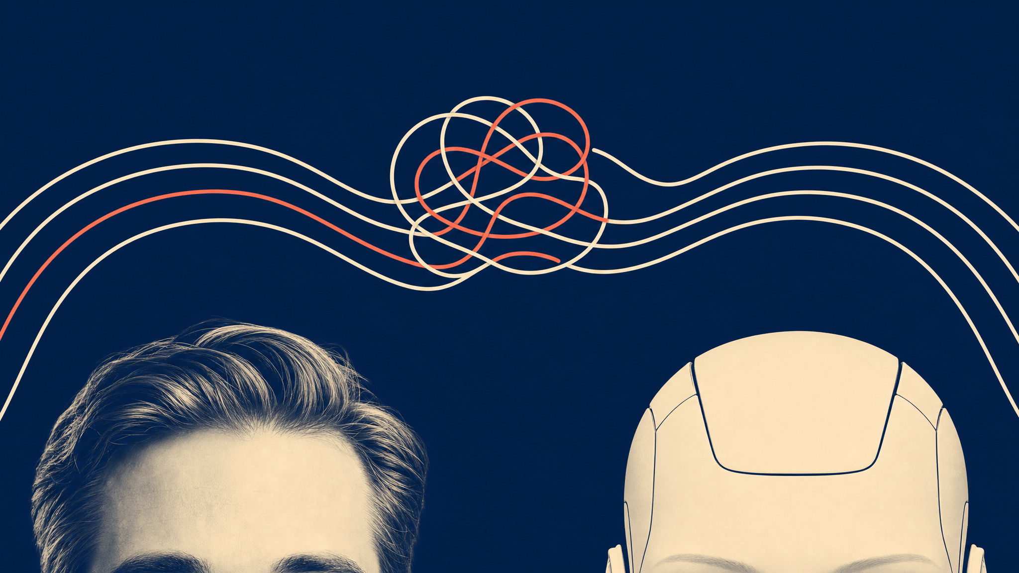 Menschliches Gesicht und Android-Kopf mit abstrakten Linien und Mustern im Hintergrund.