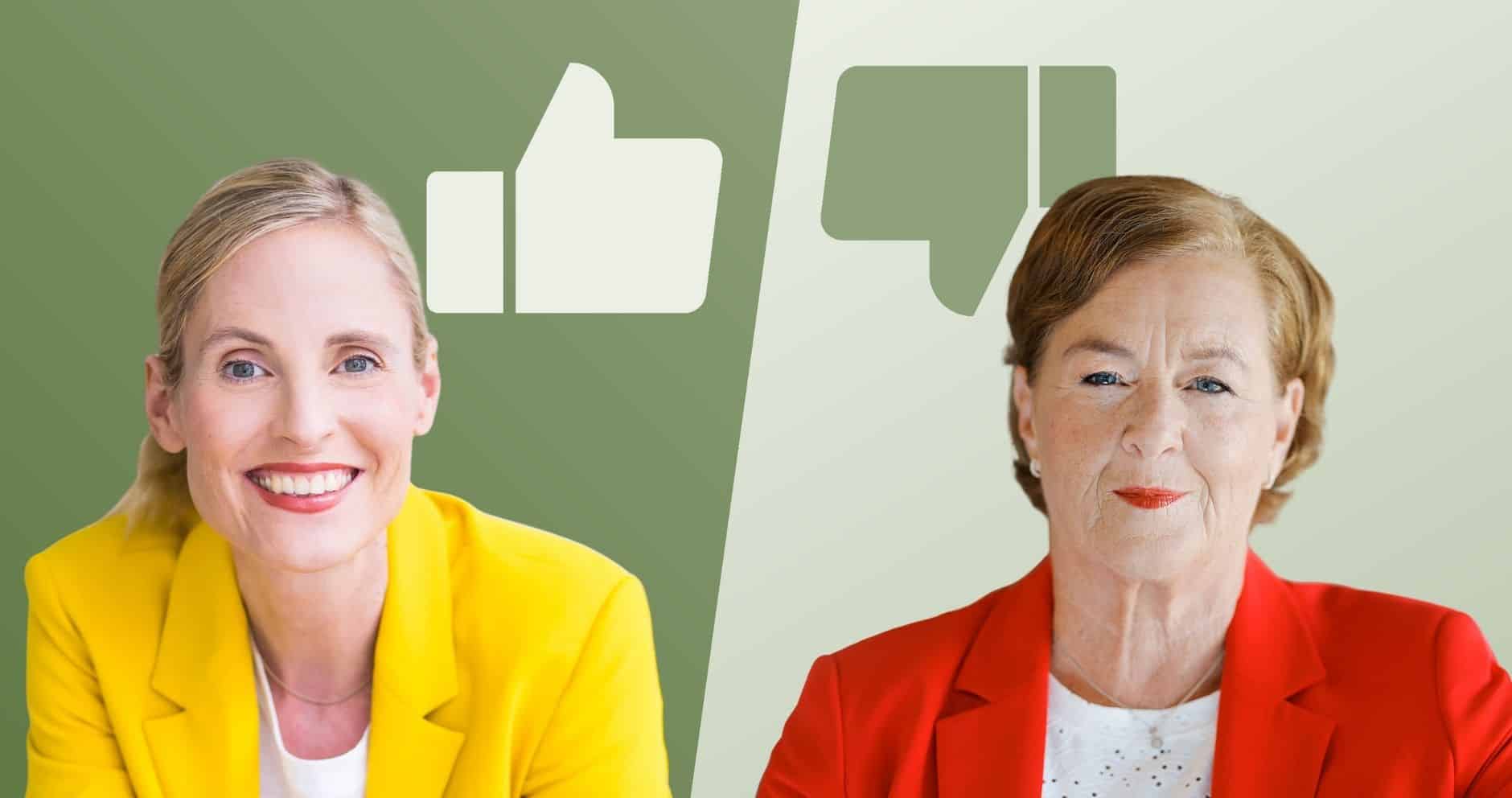 Zwei Frauen in bunten Blazern, eine lächelt, die andere schaut ernst; Symbole für Zustimmung und Ablehnung im Hintergrund.
