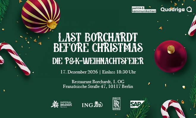 Banner für Weihnachtsfeier mit grüner Hintergrundfarbe, Zuckerstangen und Textinformationen zu Datum und Ort.